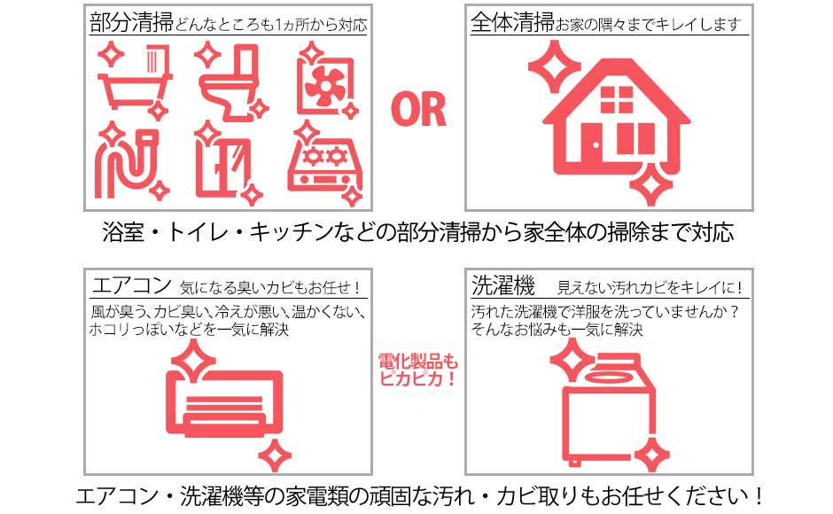 浴室・トイレ・キッチンなどの部分清掃から家全全体の掃除まで対応